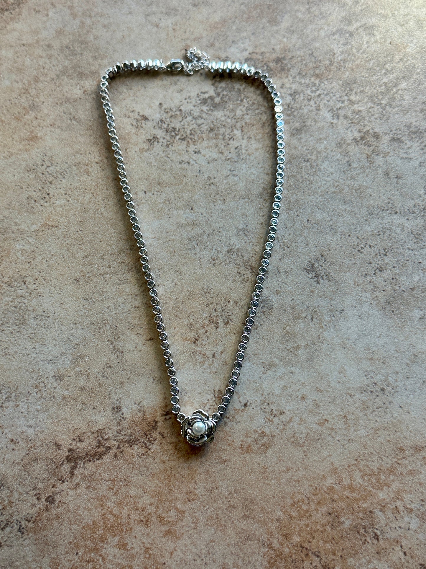 Rosa Pearl Flower CZ Tennis Necklace