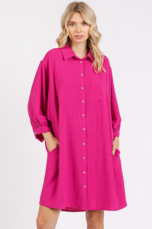 Airflow 3/4 Sleeve Buttoned Shirt Mini Dress For Women – Fluttering, Lightweight and Stylish Button-Down Shirt Dress with 3/4 Sleeves