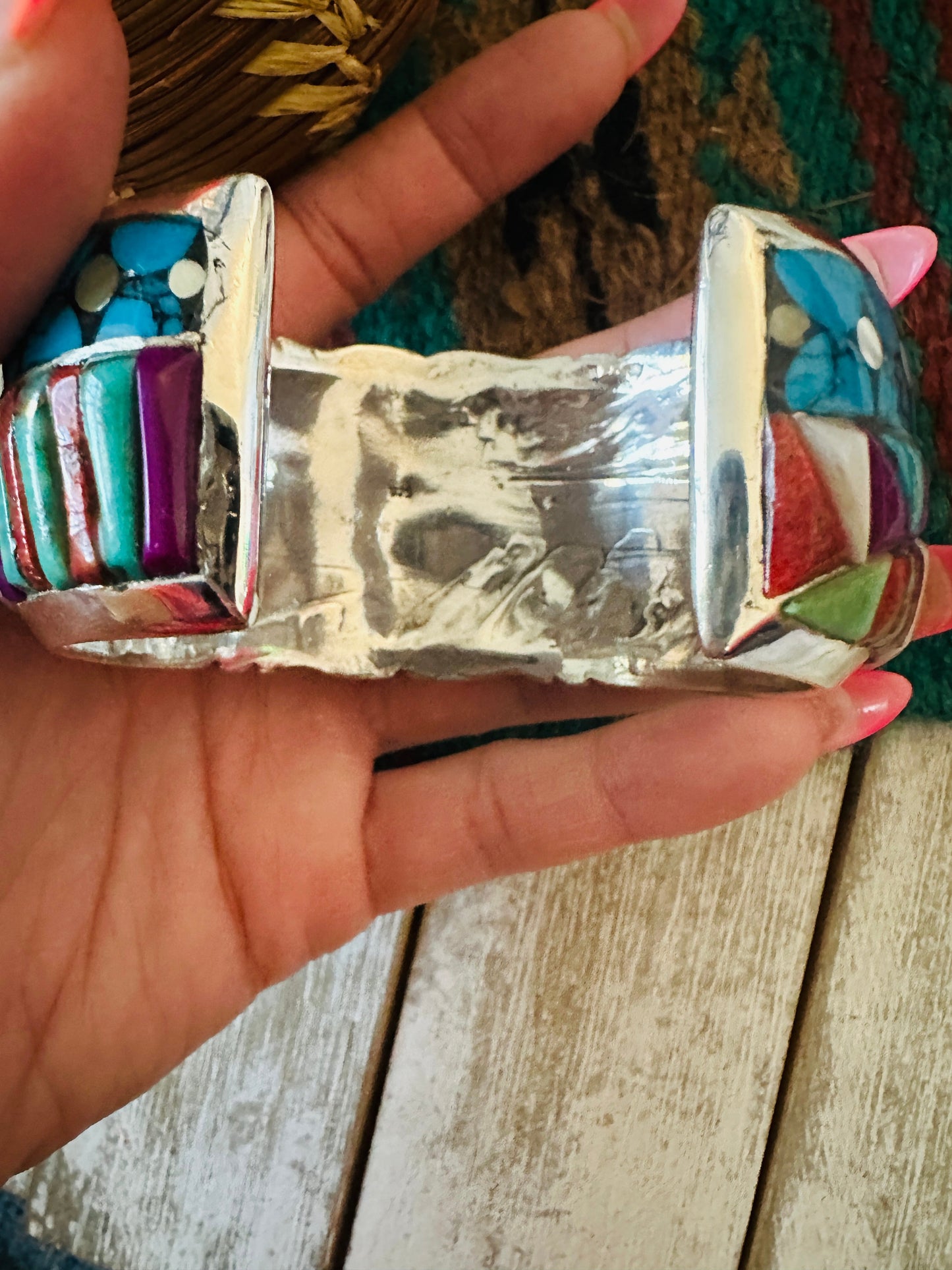 Handmade Sterling Silver Multi Stone Inlay Cuff