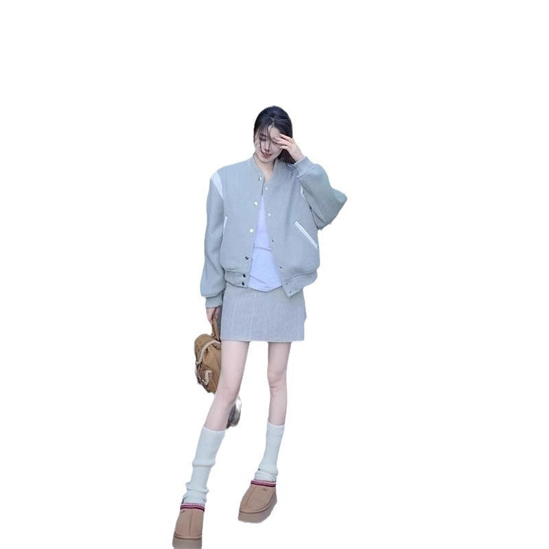 Autumn Gray Baseball Uniform Short Coat Autumn Women's Korean-style Thin Jacket