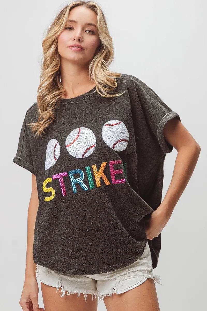 BiBi Sequin Baseballs Strike Washed Short Sleeve Top