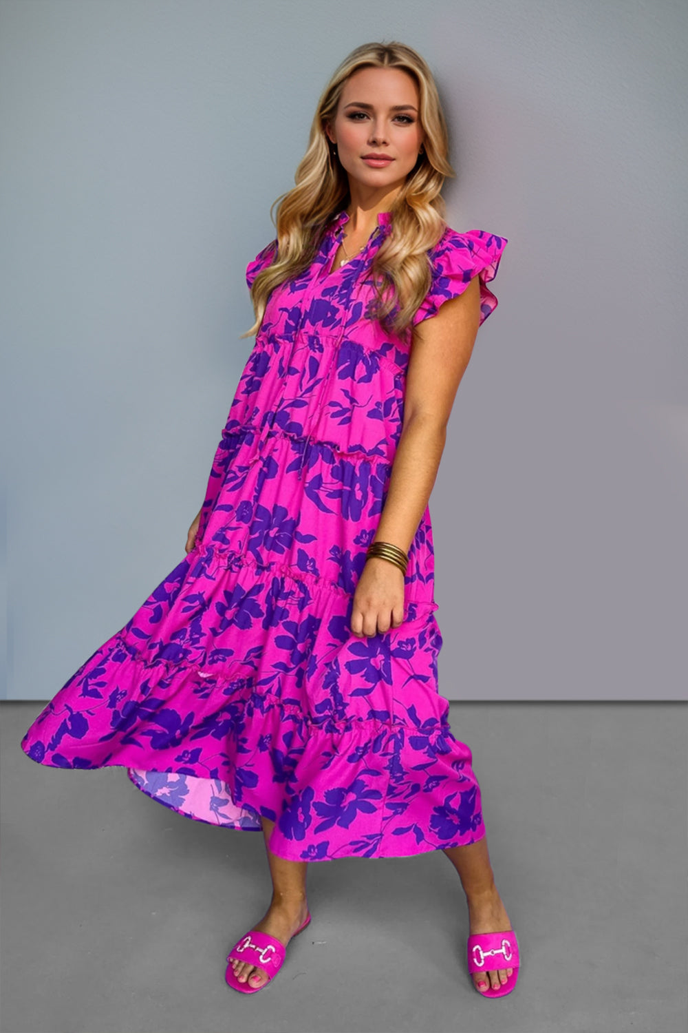 Full Size Ruffled Printed Sleeve Midi Dress Elegant & Beautiful Design Red-Violet Dress