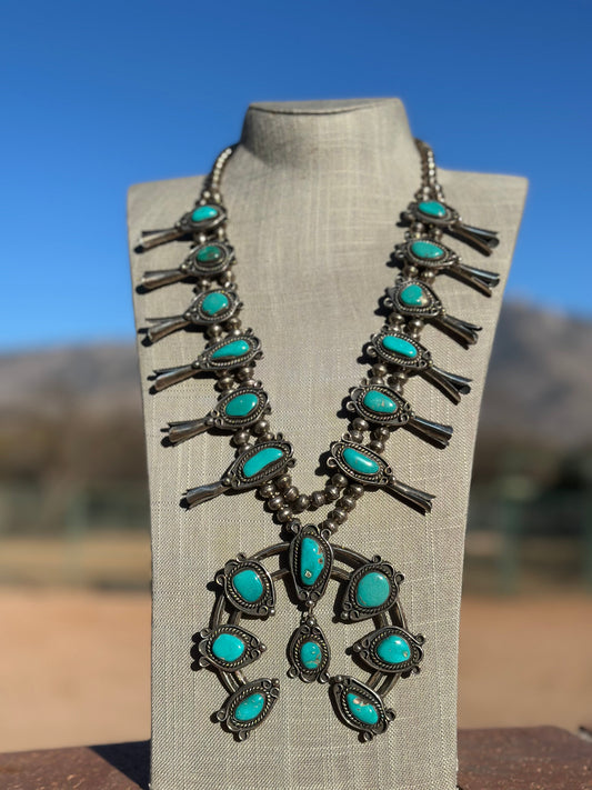 Estate Collection Old Pawn Turquoise & Sterling Silver Squash Blossom Necklace