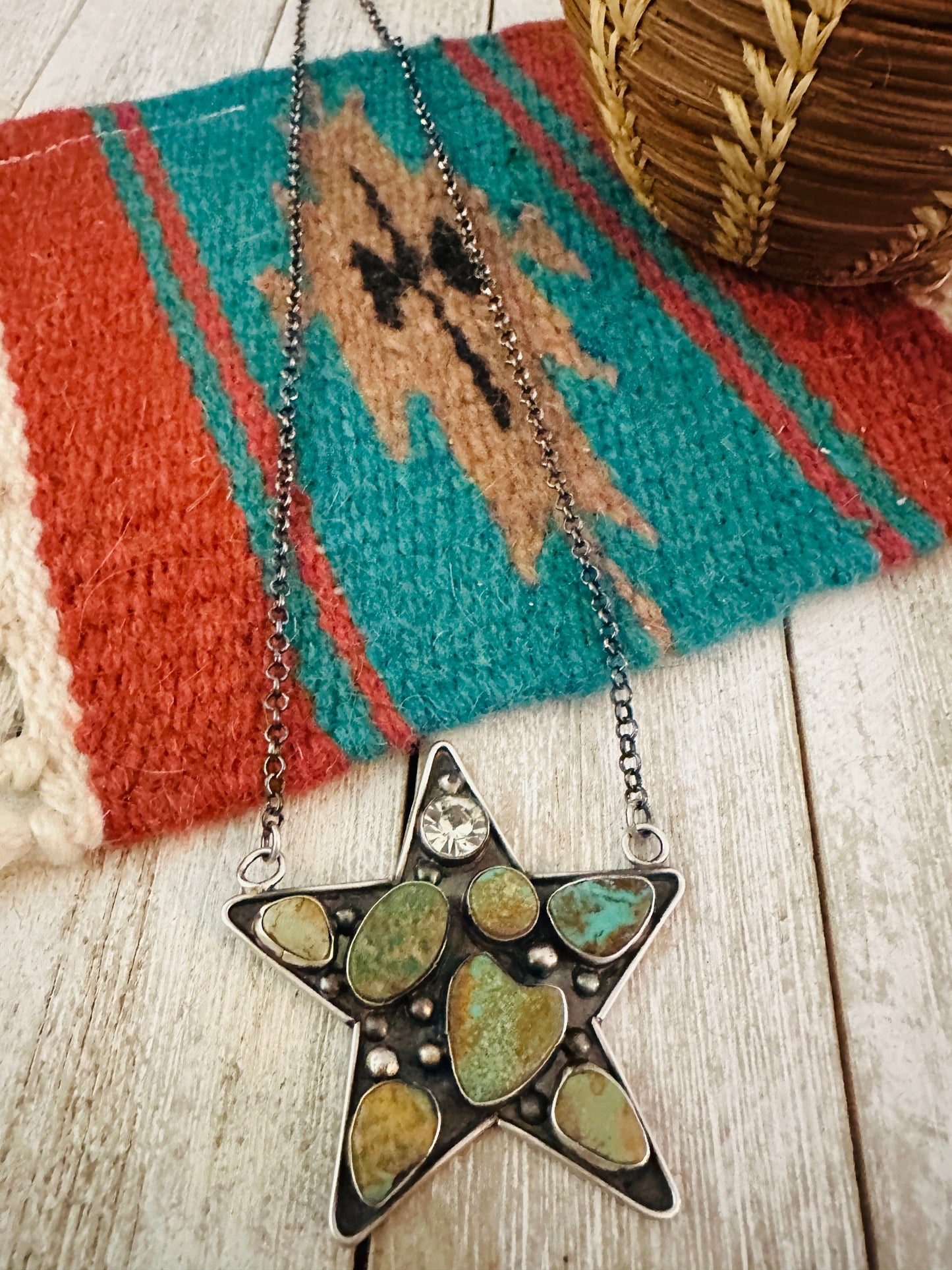 Navajo Sterling Silver, Royston Turquoise & CZ Star Necklace by Jacqueline Silver