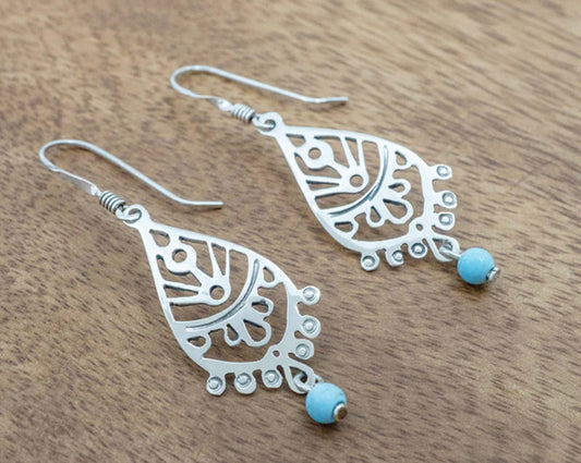 Ornate Teardrop Earrings w/ Turquoise Bead