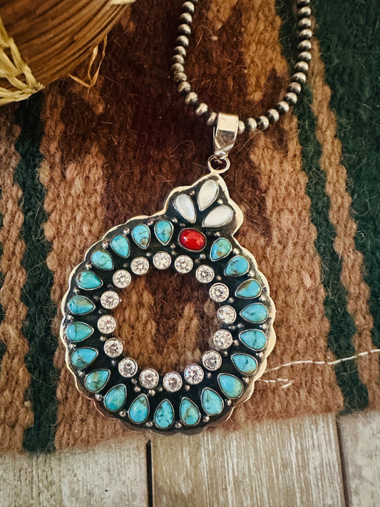 ** Christmas Collection ** Handmade Sterling Silver, Turquoise, Coral & CZ Wreath Pendant Signed Nizhoni