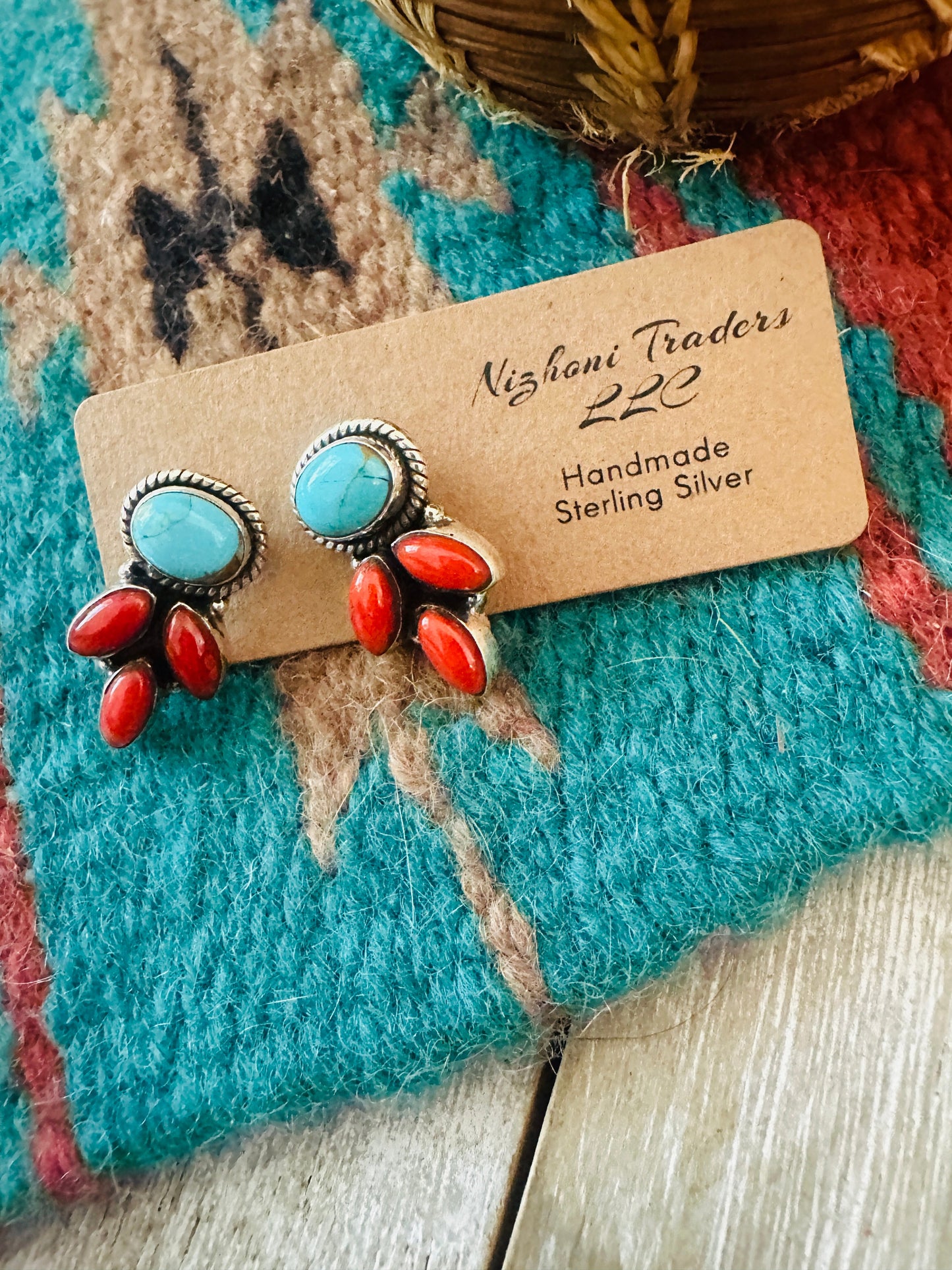 ** Christmas Collection ** Handmade Sterling Silver, Coral & Turquoise Earrings Signed Nizhoni