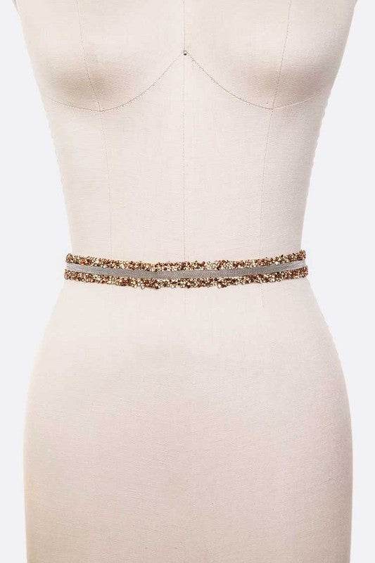 Glitter Trim Rhinestone Skinny Sash Belt