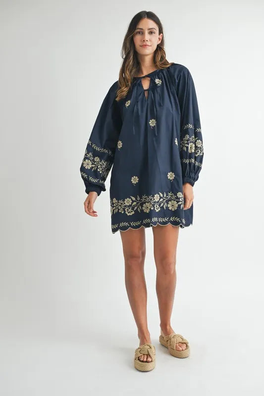 Embroidered Long Sleeve Peasant Mini Dress For Women – Embroidered Mini Dress, Long Sleeve Peasant Dress, Bohemian Dress, Casual Peasant Dress, Timeless Elegance Dress