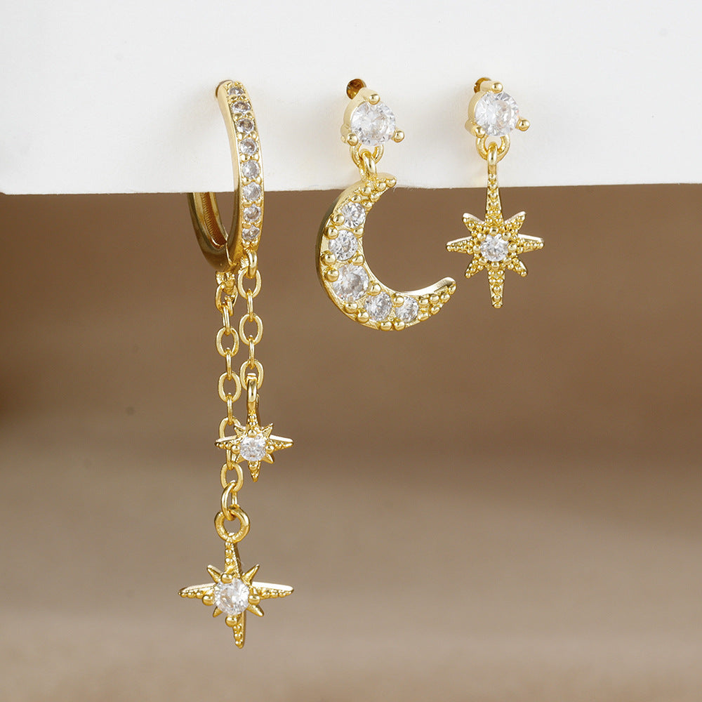 18K Real Gold Electroplated Zircon Moon Studs Three-piece Set