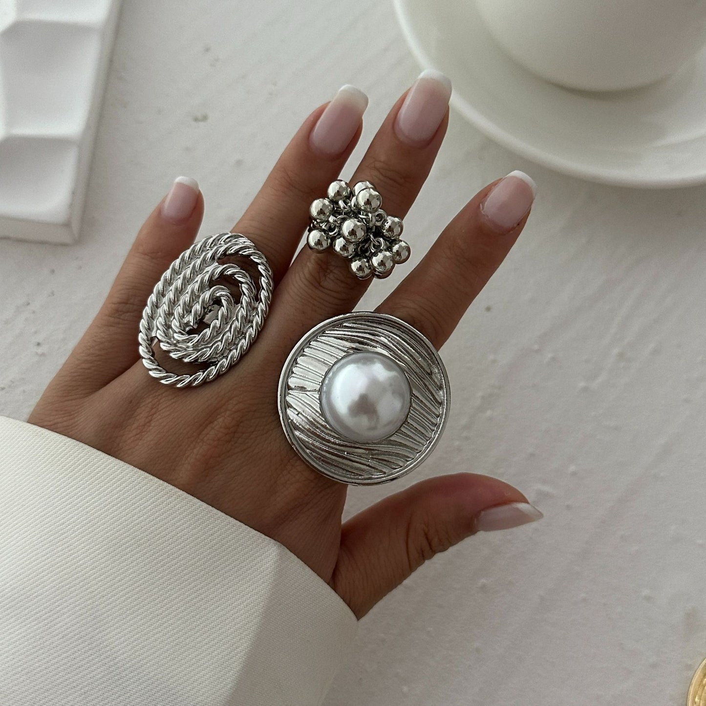 Irregular Geometric Corrugated Pearl Ring