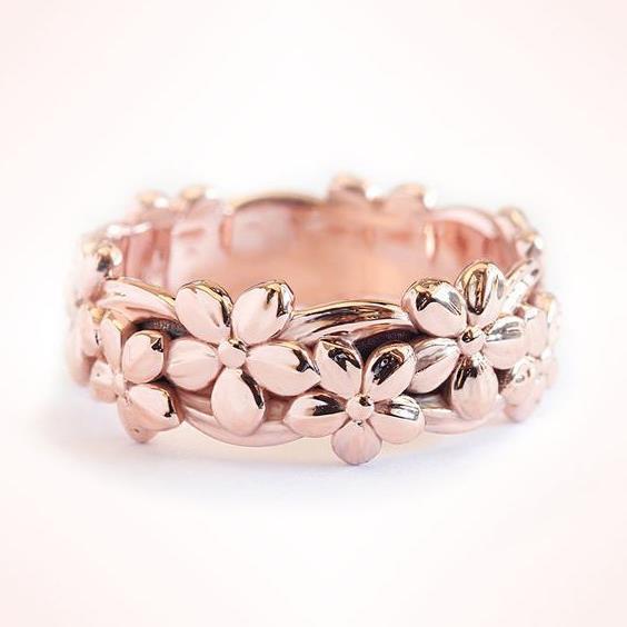 14K Rose Gold Flower 925 Silver Ring Hand Jewelry