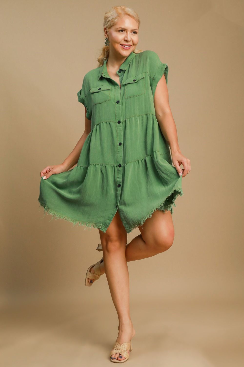 Green Full Size Button-Down Shirt Dress Plus Size Casual & Simple Lightweight Dress