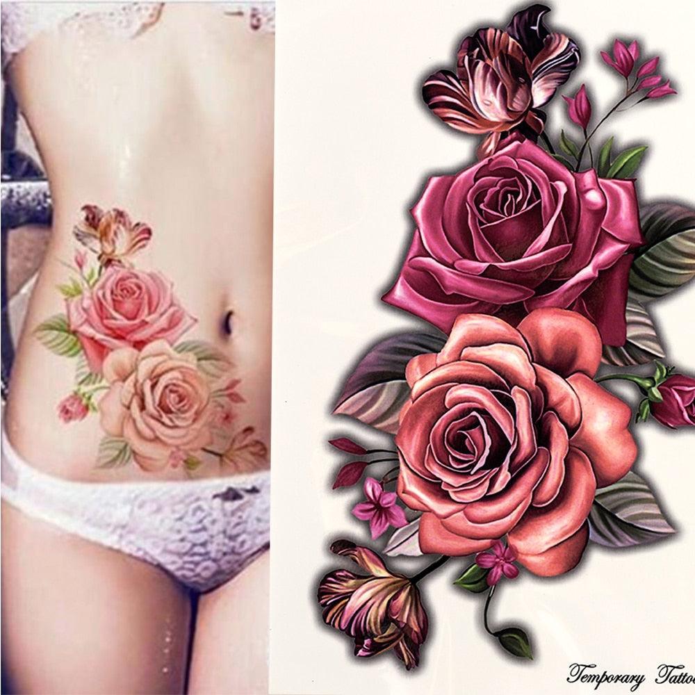 1 Pcs Elegant Temporary Tattoos Stickers Rose Flowers Arm Shoulder Tattoo Waterproof Big Luxury Flower For Womens
