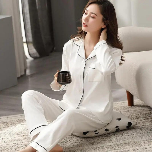 100% Cotton New Trendy  Pajamas For Women Full Sleeves Pajamas Button Down Winter Sleepwear Set Women White Cotton Pajamas Women's Loose Size V-neck Home Suit Long Sleeve Wide Leg Pants Pajamas Casual Home wear