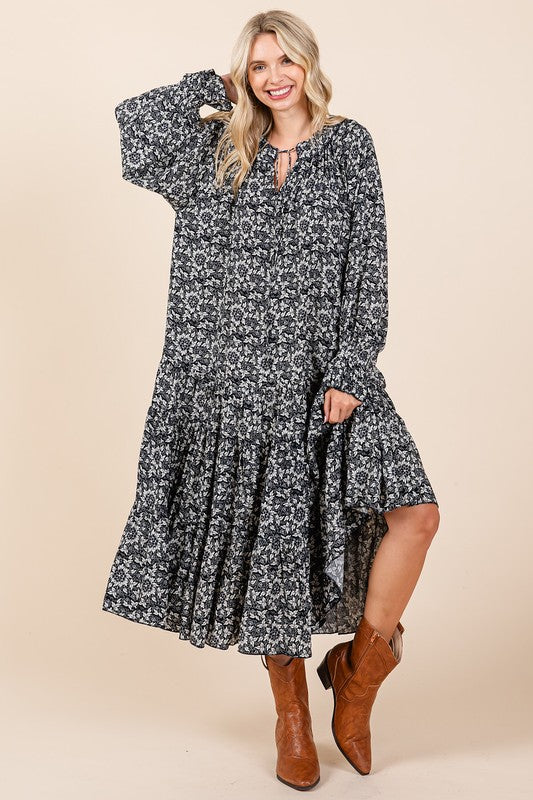 Printed Tie Neck Flounce Sleeve Midi Dress For Women – Fluttering, Feminine and Playful Midi Dress with Ruffled Details