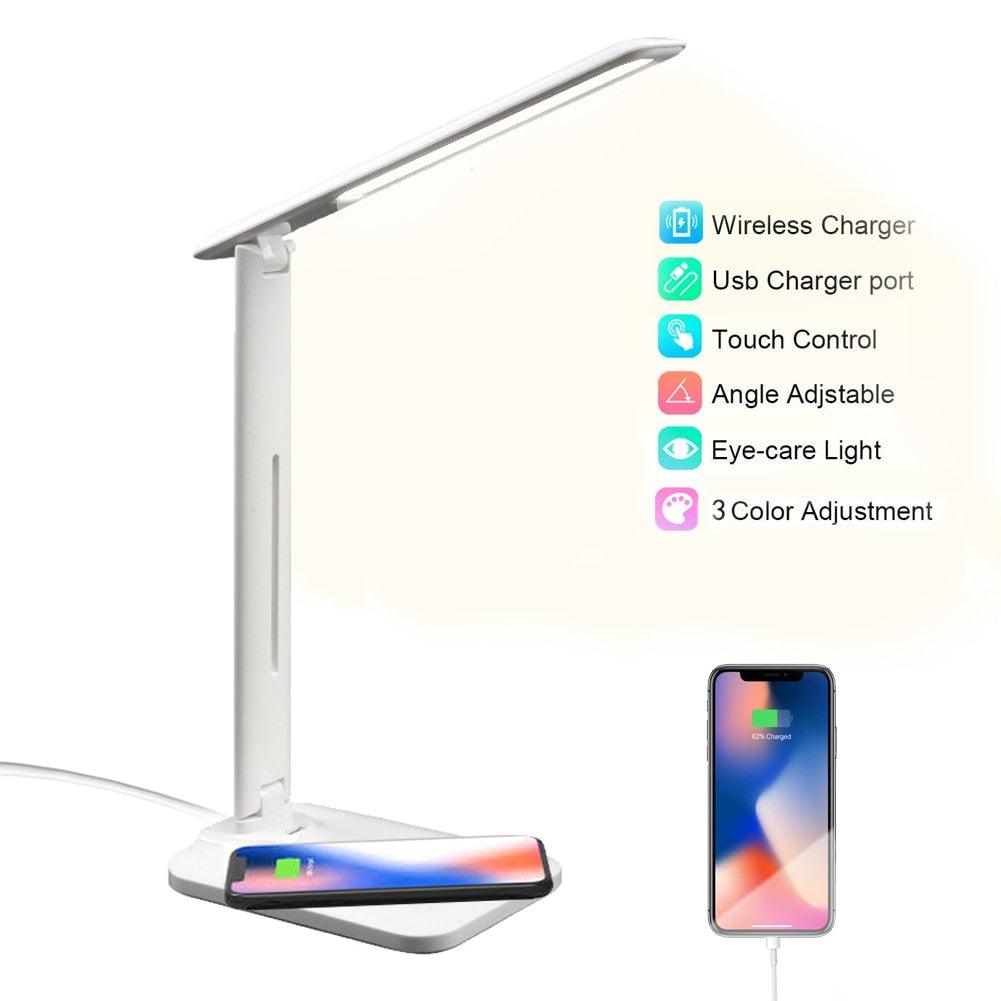 10W LED Desk Lamp with phone Wireless Charger, USB Charging Port, Dimmable Eye-Caring Office Lamp for Work,  Folding Design Decorative Table Lamp Cute Study Lamps for Bedroom Décor
