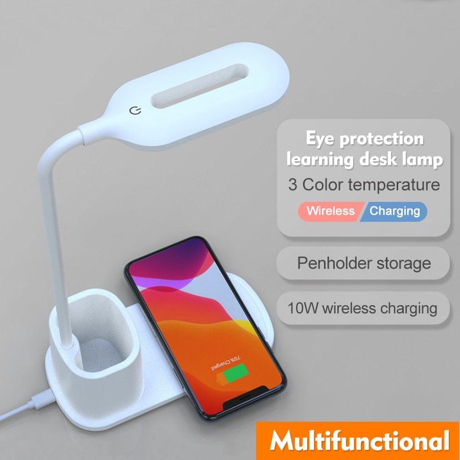 10W QI Quick Wireless Charging LED Desk Lamp Flexible Touch Dimmable Eye Protect Reading Table Light Bedroom Office Table Lamp Decorative Table Lamp Cute Study Lamps for Bedroom Décor