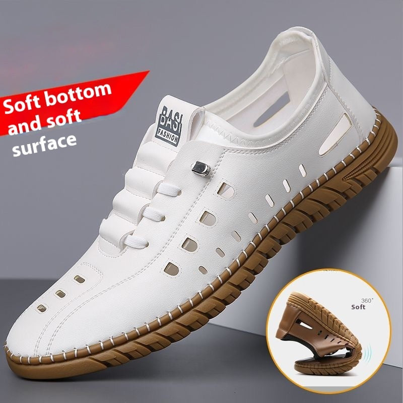 Hollow Breathable White Shoes Hole Shoes Soft Bottom Men Slip-on Leather Sandals