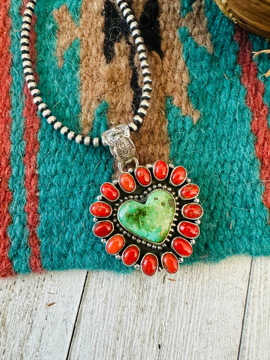 ** Christmas Collection ** Handmade Sterling Silver, Coral & Turquoise Heart Pendant Signed Nizhoni