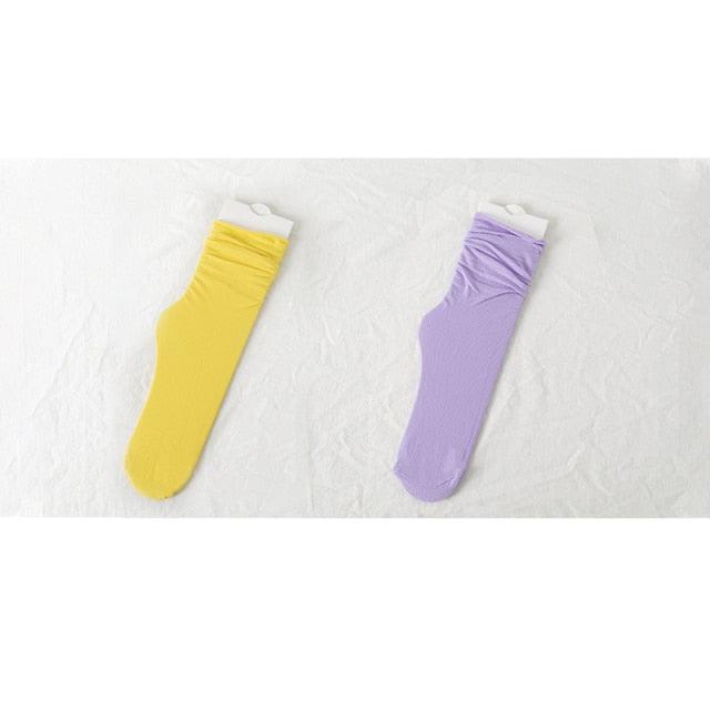 1/2 Pairs Girls Thin Socks Pack Harajuku Cute Long Frilly Socks Casual Soft Nylon High Elastic Solid White Purple Solid Color Stylish Casual Socks For Men And Women