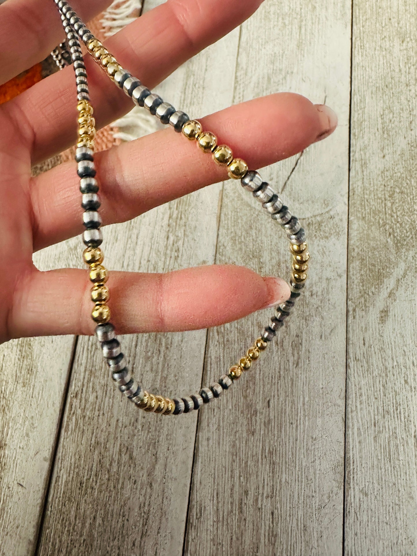 Handcrafted Sterling Silver & Gold Beaded Necklace 3-4mm