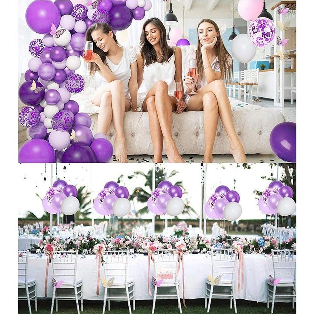 124 Pcs Garland Arch Kit White Purple Latex Metallic Balloons With Paper Butterfly For Women Birthday Baby Shower Wedding Party Decorations
