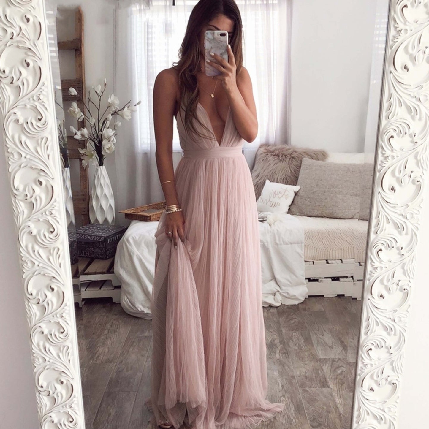 deep V strap dress