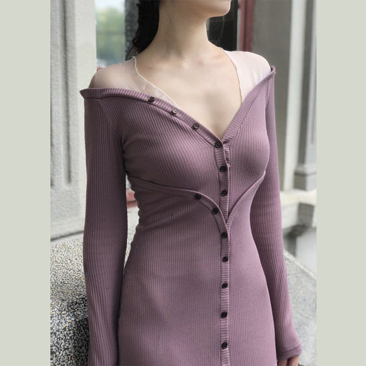 Early Autumn Two-color knitted Dress Women Autumn and Winter Mid-length