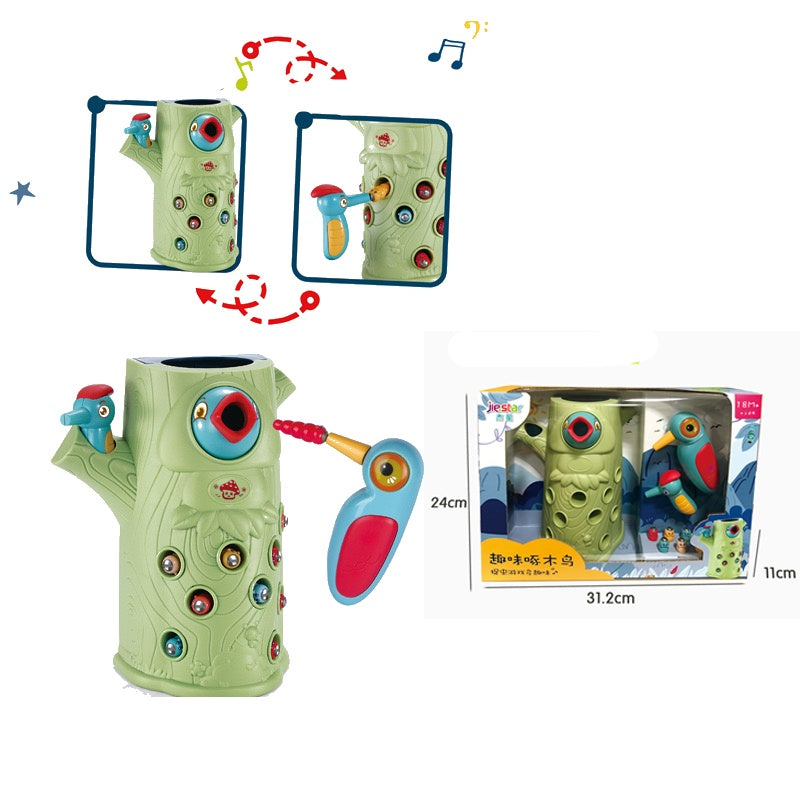 Woodpecker eats catching bug fishing toy