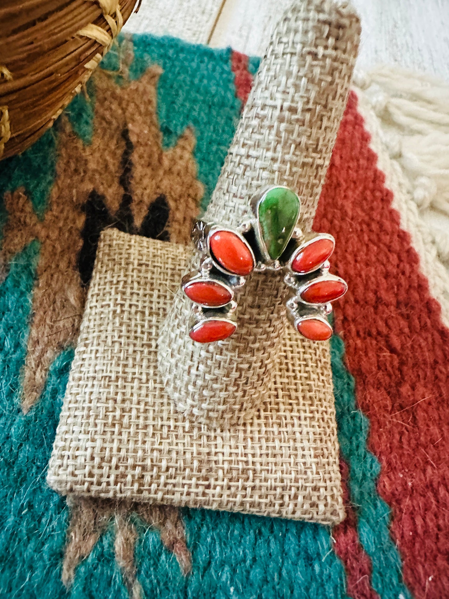 ** Christmas Collection ** Handmade Sterling Silver, Turquoise & Coral Adjustable Ring Signed Nizhoni