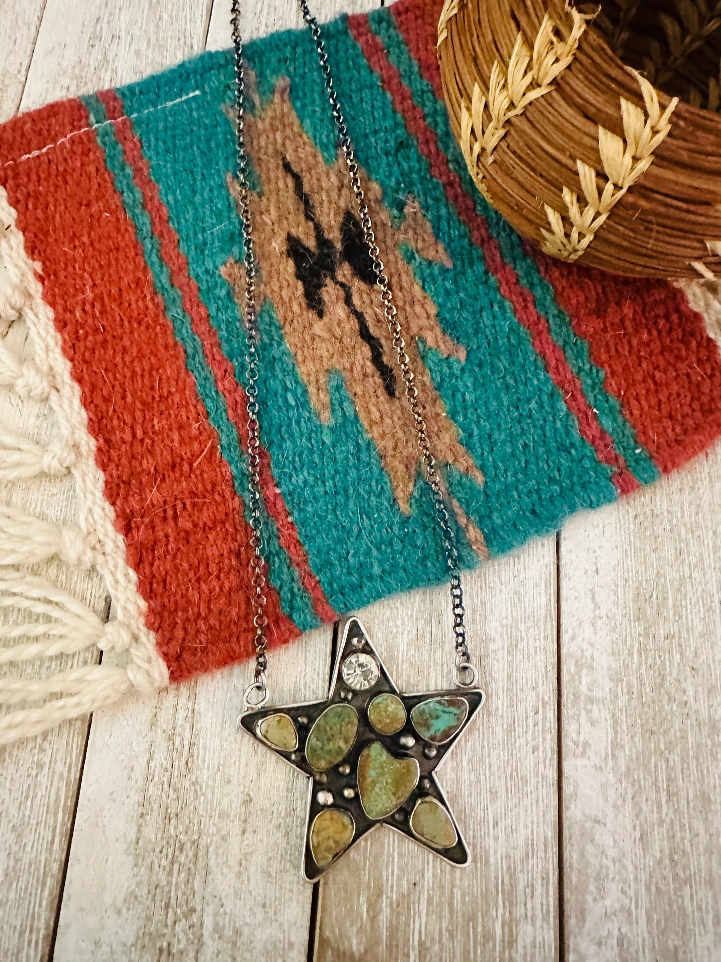 Navajo Sterling Silver, Royston Turquoise & CZ Star Necklace by Jacqueline Silver