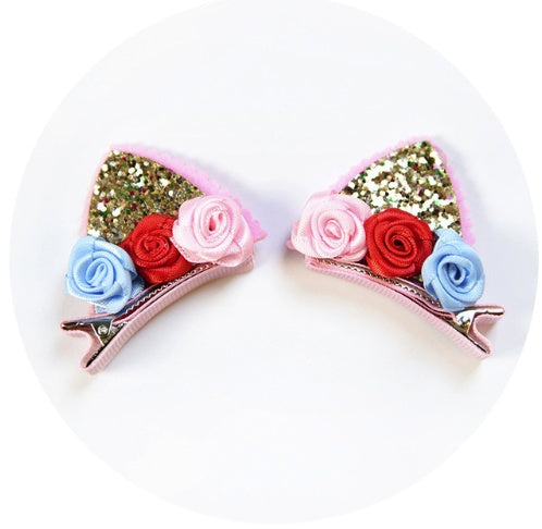 2pcs Set Cute Clips For Girls Glitter Rainbow Felt Fabric Flowers Hairpins Cat Ears Bunny Barrettes Kids Hair Accessories