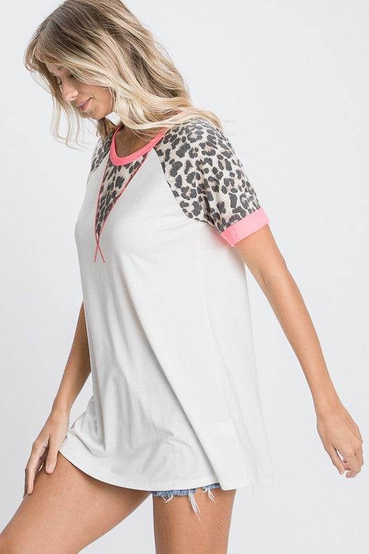 HeimishFull Size Leopard Round Neck Short Sleeve T-Shirt with Stitch Plus Size
