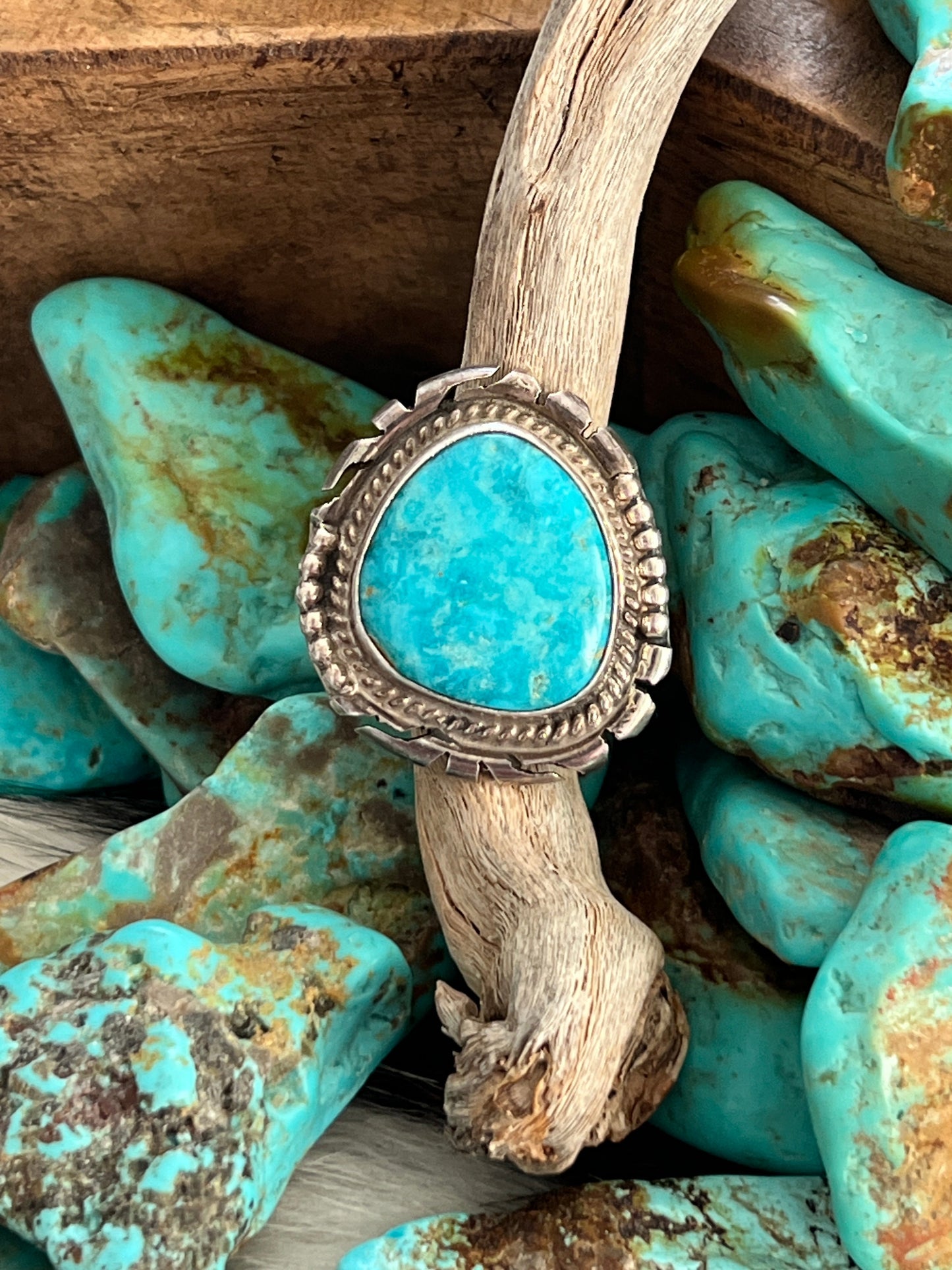 Handcrafted Sterling Silver and Sonoran Turquoise Saw Cut Ring by Peggy Skeets