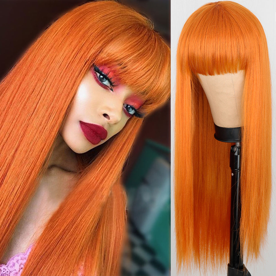 Orange Wig Female Long Straight Hair Dyed Long Hair Synthetic Headgear