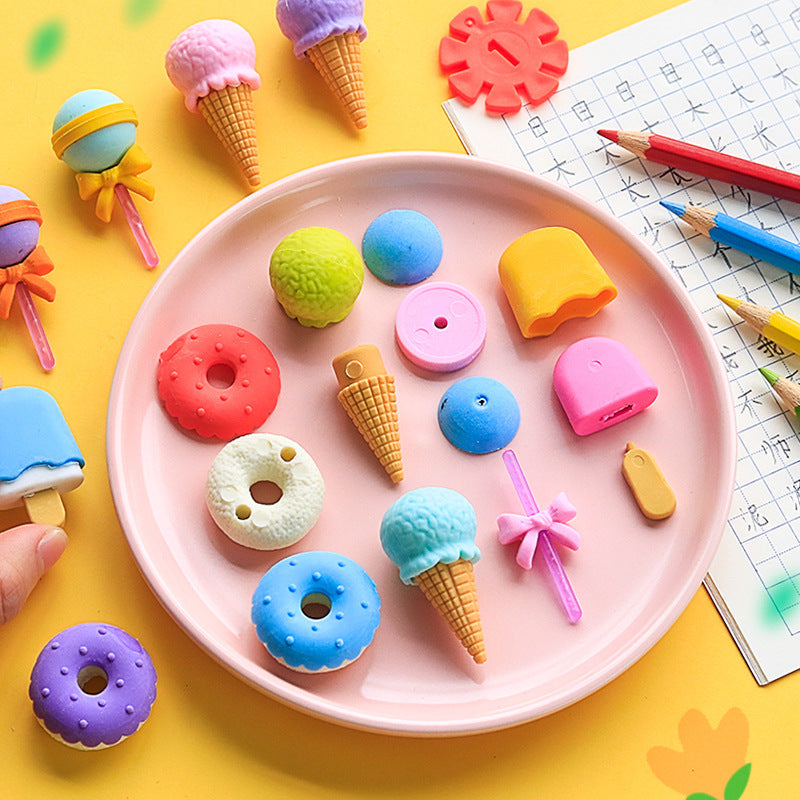 Student Rubber Ice Cream Cake Eraser Set Hamburger Cartoon Eraser Sassafras Stationery Gifts