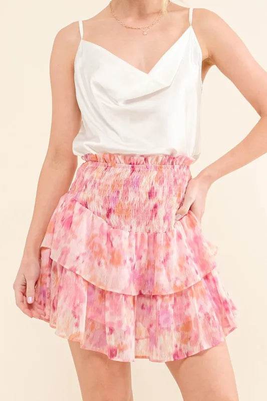 And The Why Printed Lurex Smocked Waist Tiered Skort