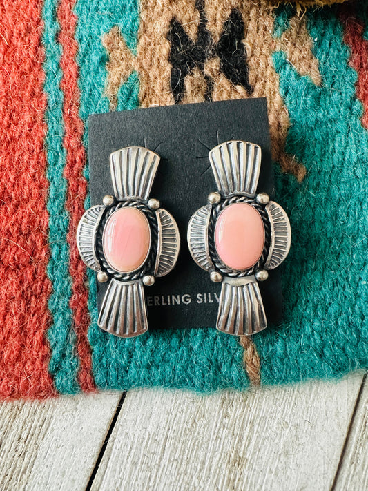 Navajo Sterling Silver & Queen Pink Conch Post Earrings