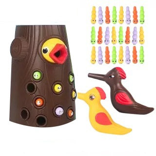 Woodpecker eats catching bug fishing toy