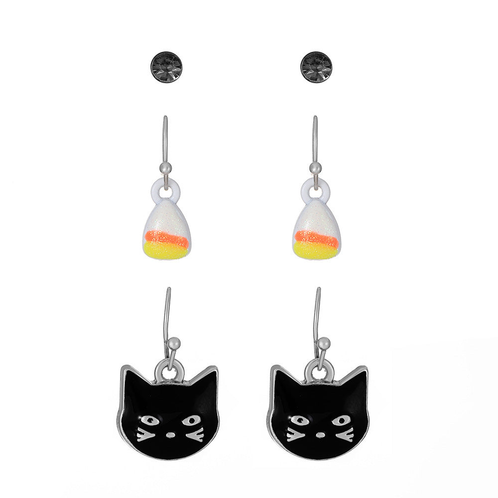 Trendy Cool Funny Witch Hat Dripping Oil Cat Ear Studs Earrings Suit