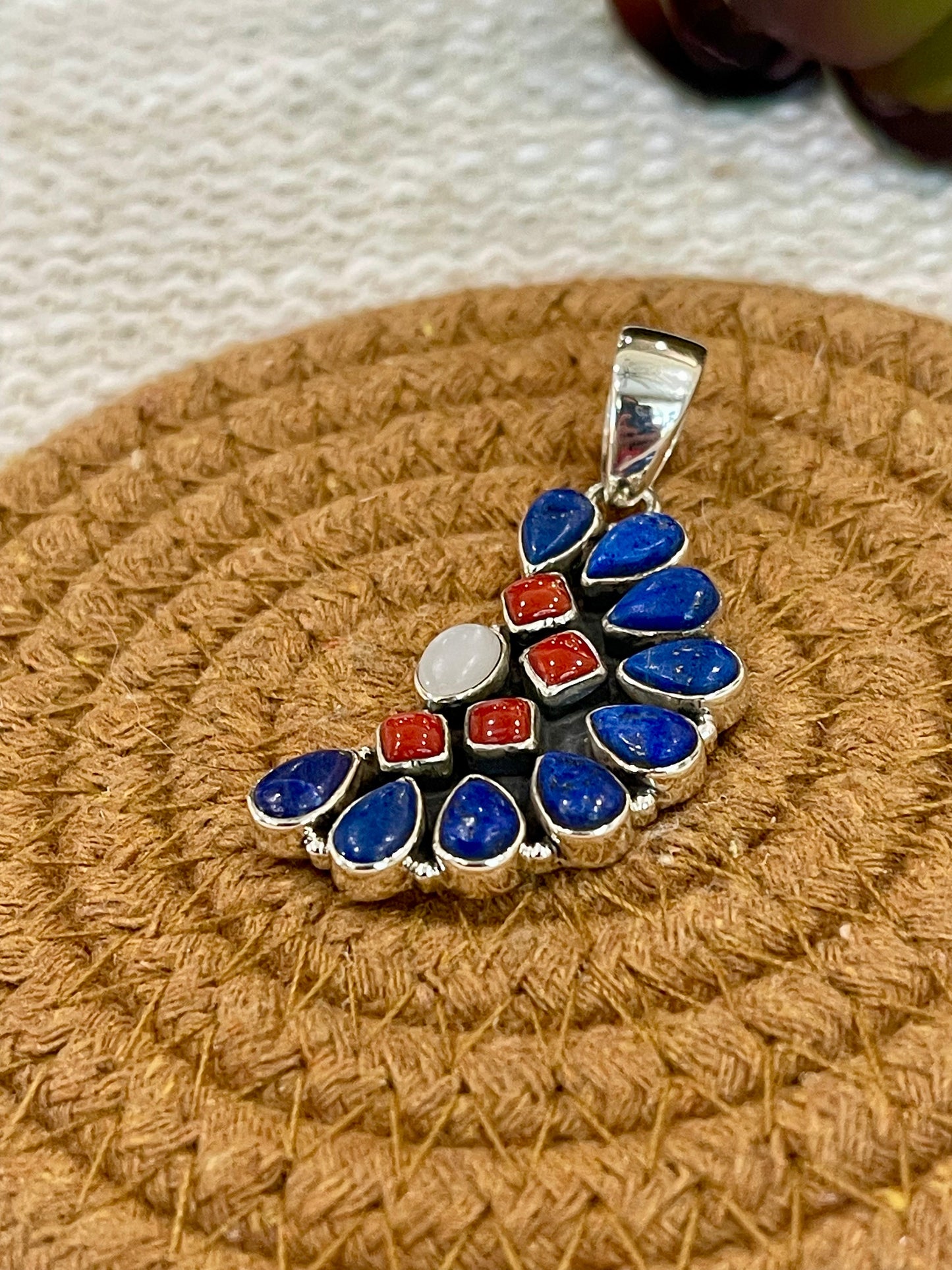 ** 4TH OF JULY ** Handmade Sterling Silver, Lapis & Coral Cluster Pendant with Signed Nizhoni