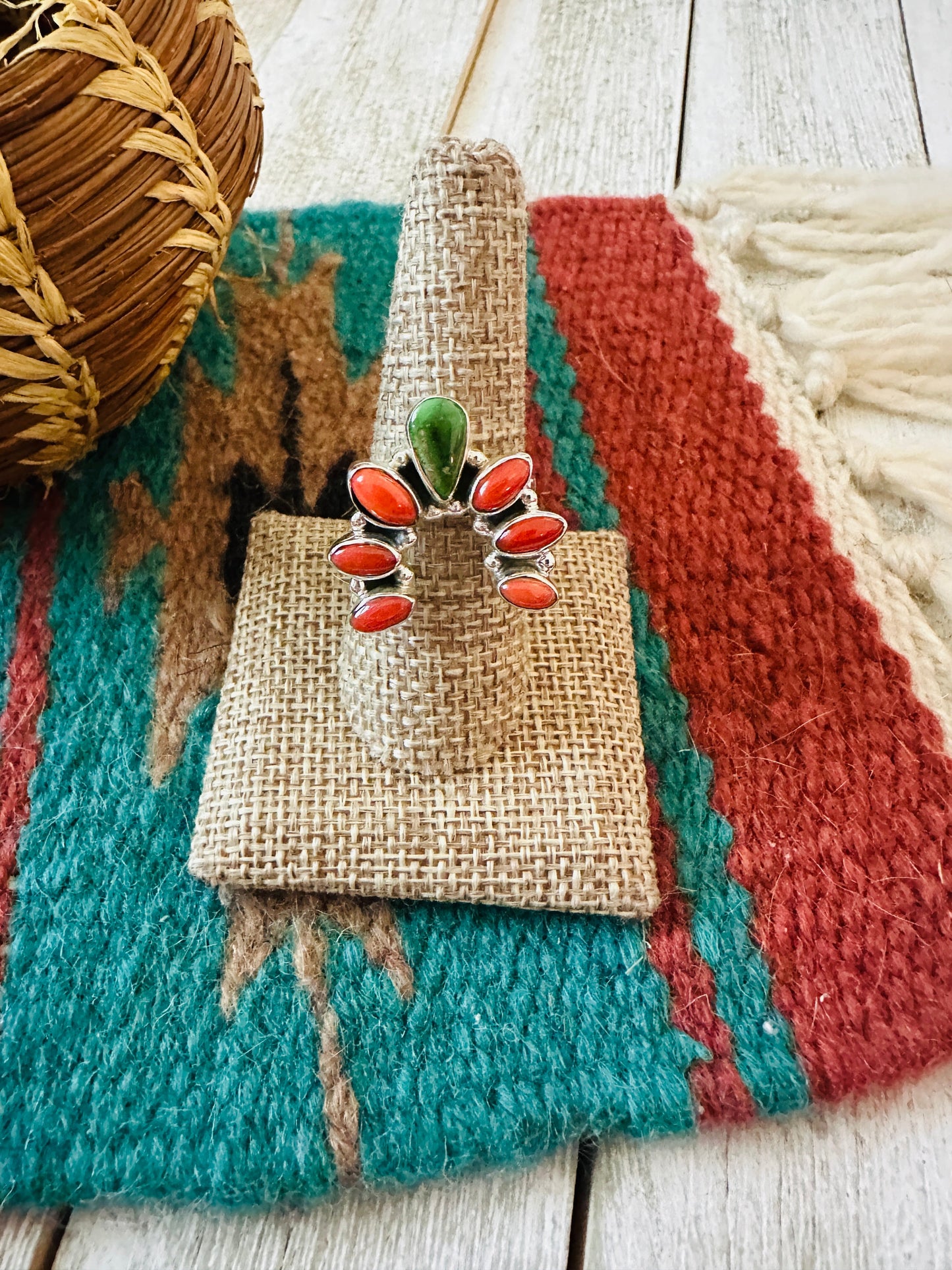 ** Christmas Collection ** Handmade Sterling Silver, Turquoise & Coral Adjustable Ring Signed Nizhoni