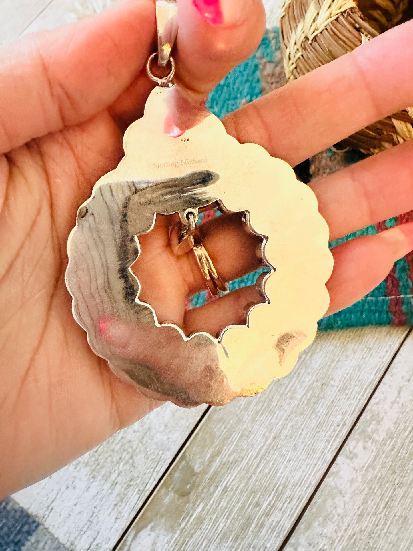** Christmas Collection ** Handmade Sterling Silver, Turquoise & Coral Wreath Pendant Signed Nizhoni
