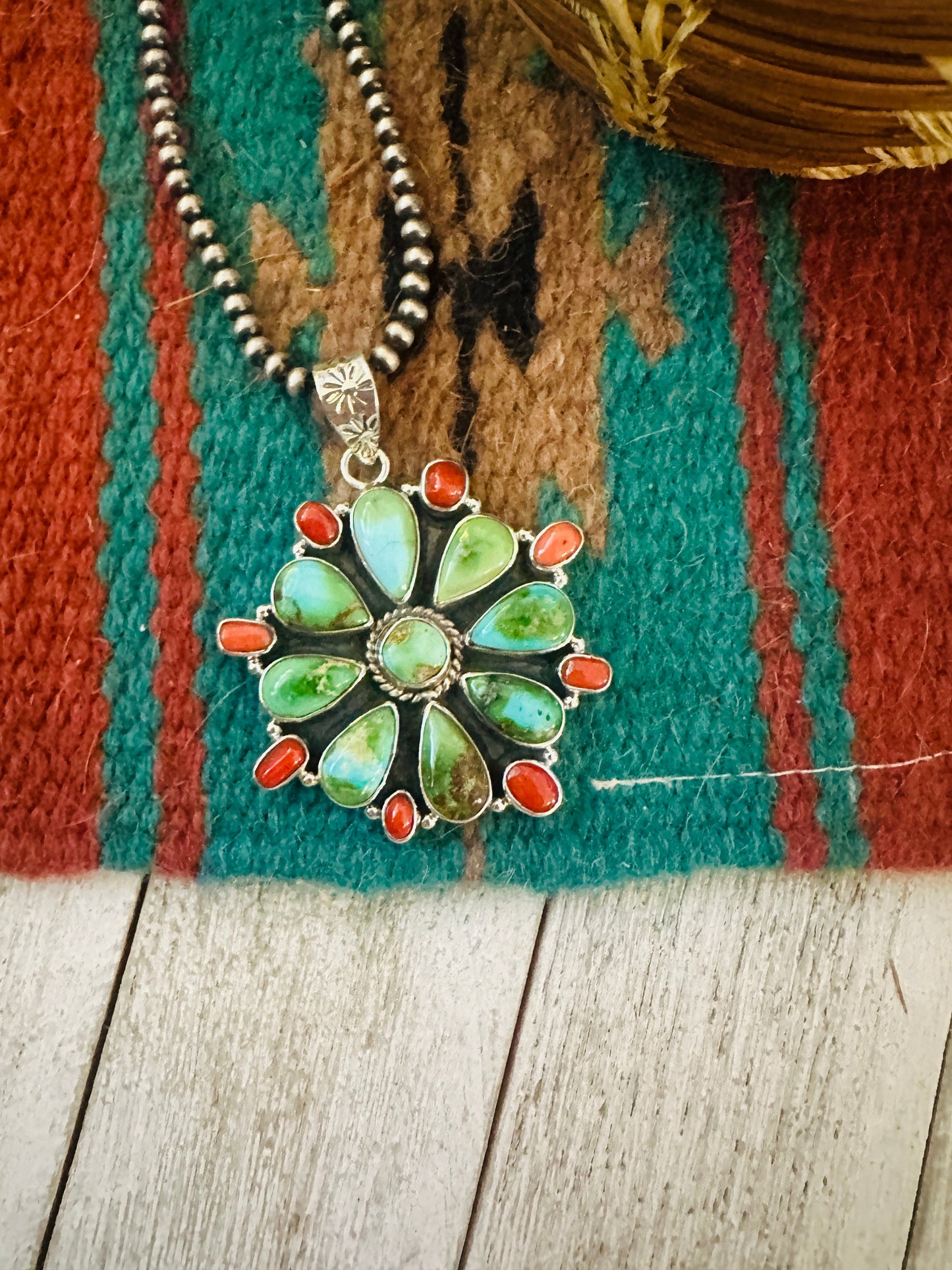 ** Christmas Collection ** Handmade Sterling Silver, Turquoise & Coral Pendant Signed Nizhoni