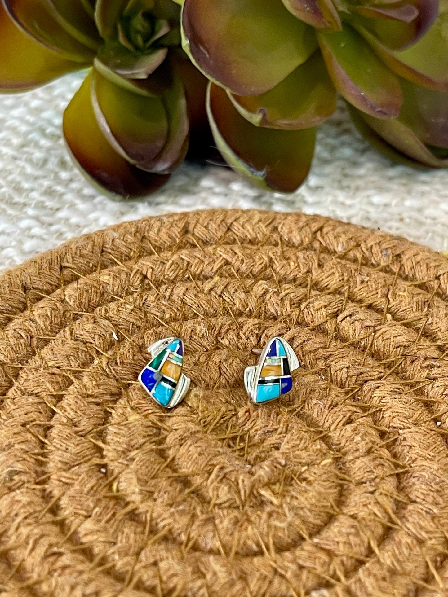 Beautiful Handmade Sterling Silver & Multi Stone Inlay Stud Earrings