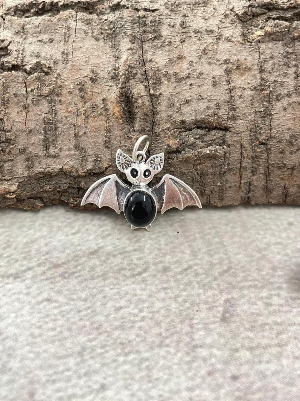 "Halloween Collection" Handmade Sterling Silver Black Onyx Bat Pendant with Signed Nizhoni