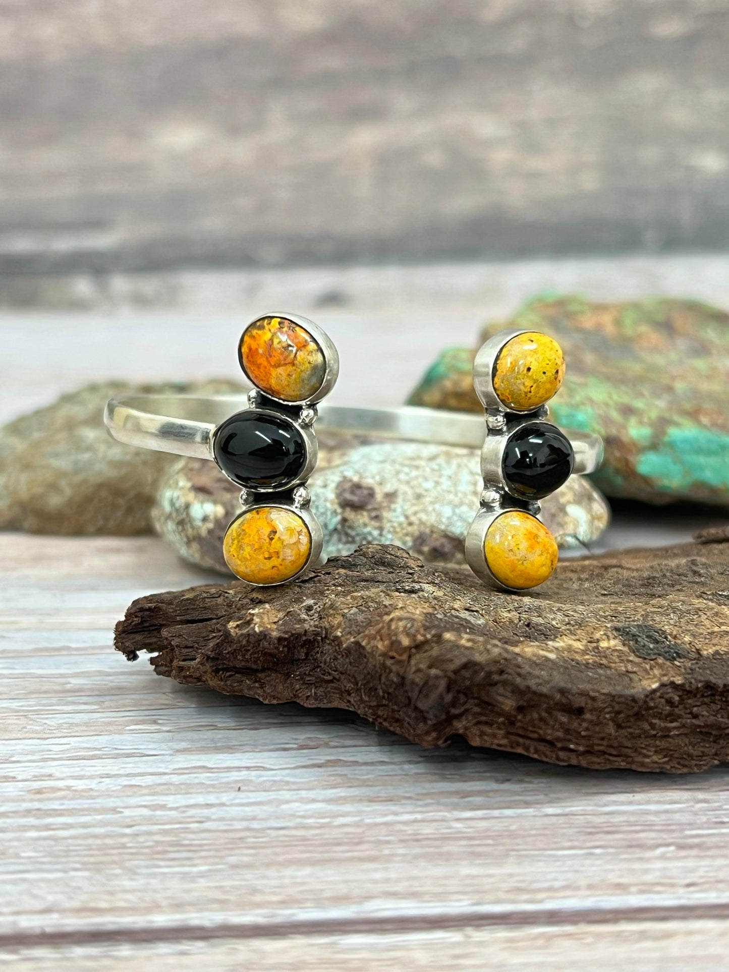 "Halloween Collection" Handmade Sterling Silver Black Onyx, Bumblebee Cuff Bracelet with Signed Nizhoni