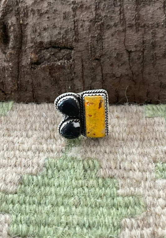 "Halloween Collection" Handmade Sterling Silver Black Onyx, Bumblebee Adjustable Ring with Signed Nizhoni