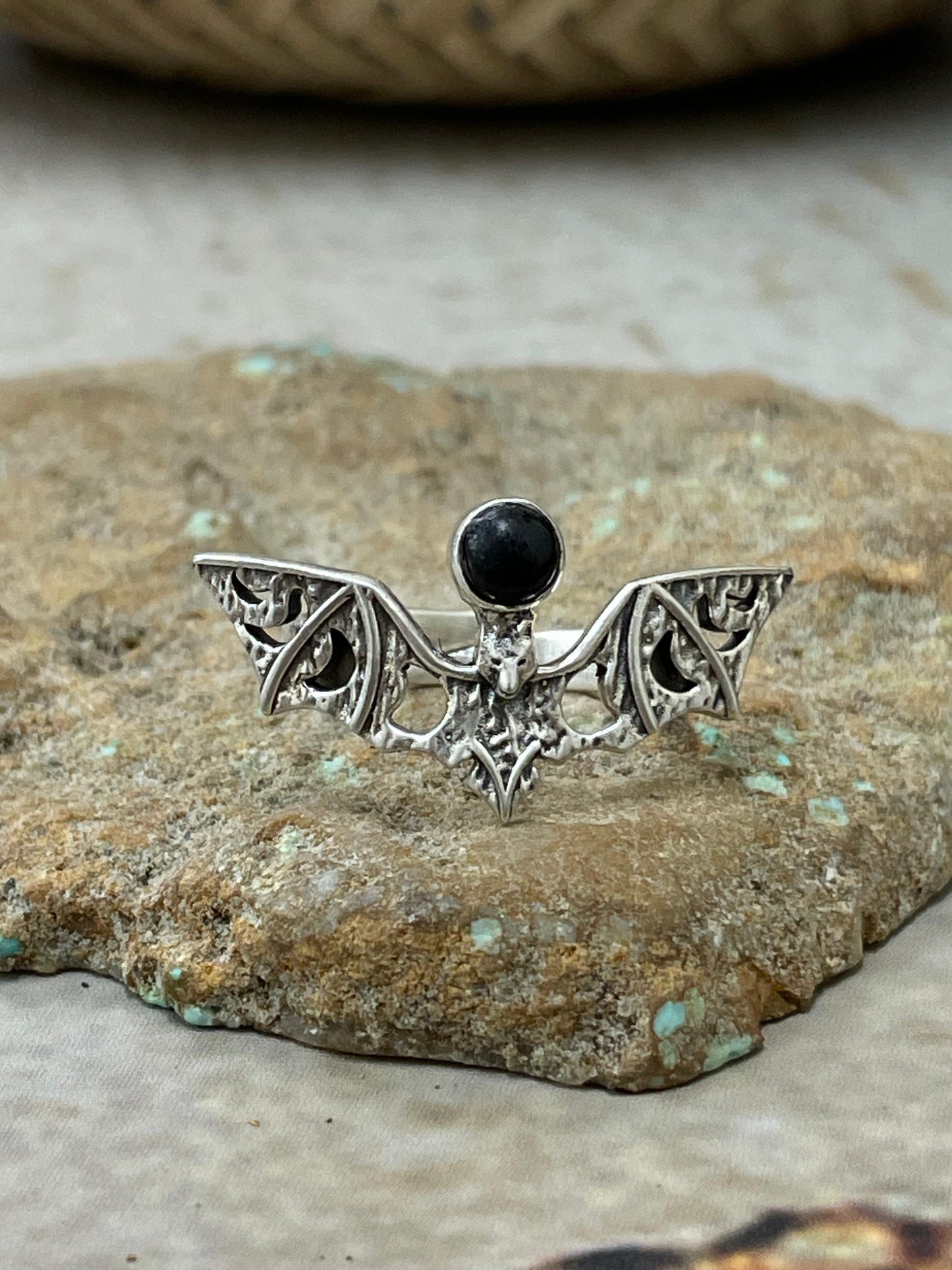 "Halloween Collection" Handmade Sterling Silver Black Onyx Bat Ring with Signed Nizhoni